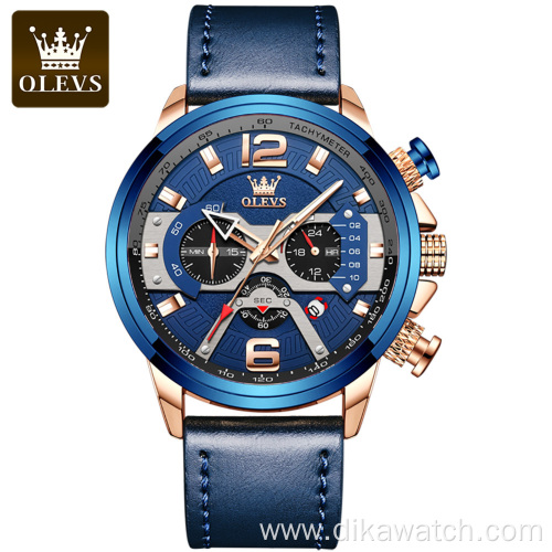 OLEVS 9915 Fashion Casual Luxury Sport Watches for Men Blue Leather Wrist Watch Waterproof Man Clock Alloy Chronograph Quartz